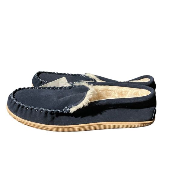 J Crew Mens 12 Slippers Navy Suede Moccasins Fleece Lined Indoor House Cozy Fall - Picture 5 of 8